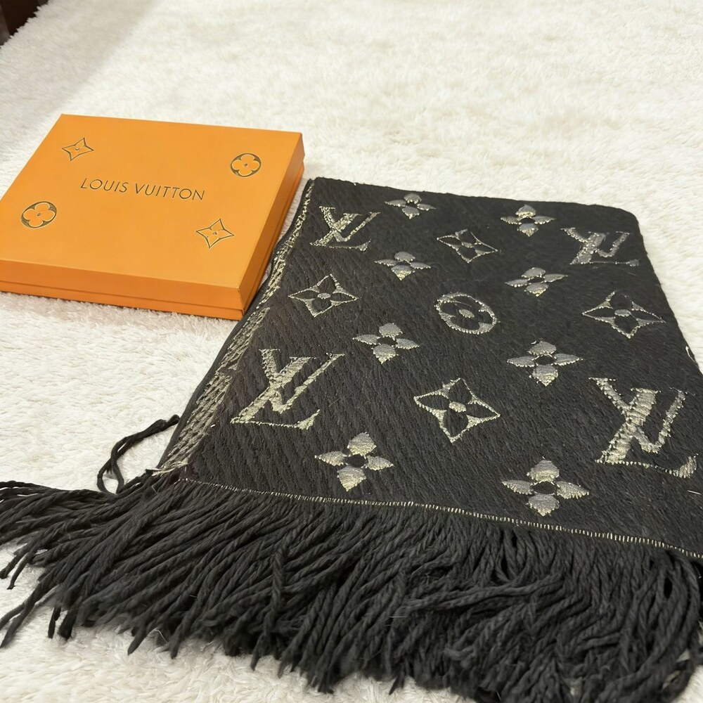 Louis Vuitton Black Gold-Tone Monogram Fringe Scarf - Picture 2 of 4